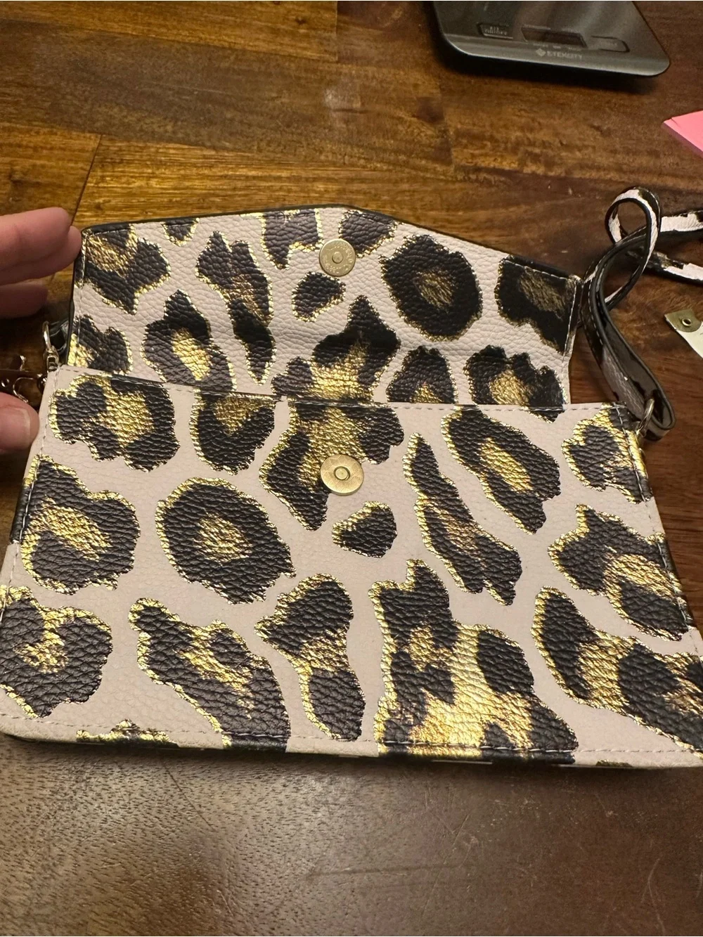 Leopard Print Crossbody Clutch - Taupe with Black & gold Accents